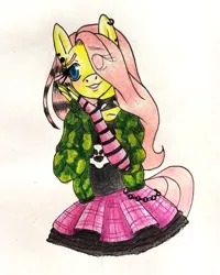 Size: 987x1231 | Tagged: safe, artist:mintytreble, derpibooru import, fluttershy, anthro, pegasus, pony, blushing, choker, clothes, collar, cute, draw this in your style, dtiys emoflat, ear piercing, earring, emo, emoshy, eye clipping through hair, female, fingerless gloves, gloves, hair over one eye, half body, image, jewelry, jpeg, piercing, shyabetes, simple background, skirt, solo, spiked choker, spiked collar, traditional art, white background