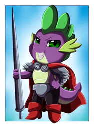 Size: 2350x3109 | Tagged: safe, artist:pridark, derpibooru import, spike, dragon, armor, boots, cape, clothes, commission, image, knight, knight spike, lance, male, png, shoes, simple background, smiling, solo, spear, weapon