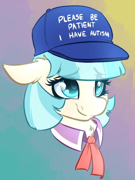 Size: 1496x1996 | Tagged: safe, artist:witchtaunter, derpibooru import, coco pommel, earth pony, pony, autism, bust, chest fluff, clothes, cocobetes, collar, commission, cute, ear fluff, eyebrows, eyebrows visible through hair, female, floppy ears, gradient background, hat, image, looking up, necktie, nervous, png, portrait, smiling, solo