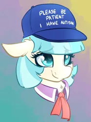 Size: 1496x1996 | Tagged: safe, artist:witchtaunter, derpibooru import, coco pommel, earth pony, pony, autism, bust, chest fluff, clothes, cocobetes, collar, commission, cute, ear fluff, eyebrows, eyebrows visible through hair, female, floppy ears, gradient background, hat, image, looking up, necktie, nervous, png, portrait, smiling, solo