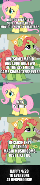 Size: 500x2283 | Tagged: safe, derpibooru import, edit, edited screencap, screencap, fluttershy, tree hugger, 4/20, 420, comic, drugs, image, luigi, mario, mushrooms, png, screencap comic, super mario bros., tree stoner