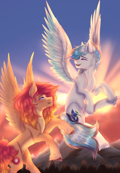 Size: 1423x2048 | Tagged: safe, artist:novadraws19205, derpibooru import, oc, oc:nova rossi, unofficial characters only, pegasus, pony, crepuscular rays, dawn, eyes closed, flying, happy, image, jpeg, smiling, spread wings, unshorn fetlocks, wings