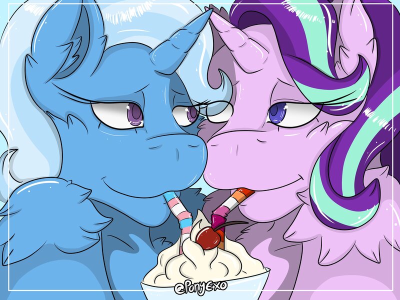 Size: 2048x1536 | Tagged: safe, artist:ponyexo, derpibooru import, starlight glimmer, trixie, pony, unicorn, cherry, female, food, horn, horns are touching, image, jpeg, lesbian, lidded eyes, looking at each other, looking at someone, sharing a drink, shipping, smiling, startrix, trans trixie, transgender, whipped cream
