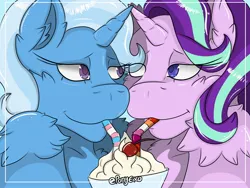 Size: 2048x1536 | Tagged: safe, artist:ponyexo, derpibooru import, starlight glimmer, trixie, pony, unicorn, cherry, female, food, horn, horns are touching, image, jpeg, lesbian, lidded eyes, looking at each other, looking at someone, sharing a drink, shipping, smiling, startrix, trans trixie, transgender, whipped cream