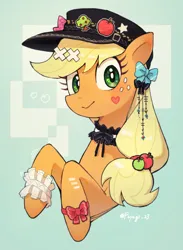 Size: 2200x3000 | Tagged: safe, artist:fuyugi, derpibooru import, applejack, earth pony, pony, bow, cap, choker, garter, hair bow, hat, heart, image, jpeg, looking at you, pin, smiling, solo