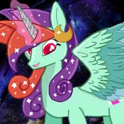 Size: 600x600 | Tagged: safe, derpibooru import, oc, oc:skycandy, unofficial characters only, alicorn, pony, alicorn oc, female, glow, glowing horn, horn, image, moon, png, smiling, solo, spread wings, wings