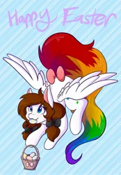 Size: 1423x2048 | Tagged: safe, artist:mscolorsplash, derpibooru import, oc, oc:color splash, unofficial characters only, pegasus, pony, abstract background, basket, bow, easter, easter egg, female, happy easter, holiday, hoof hold, image, jpeg, mare, mouth hold, rainbow tail, solo, tail, tail bow