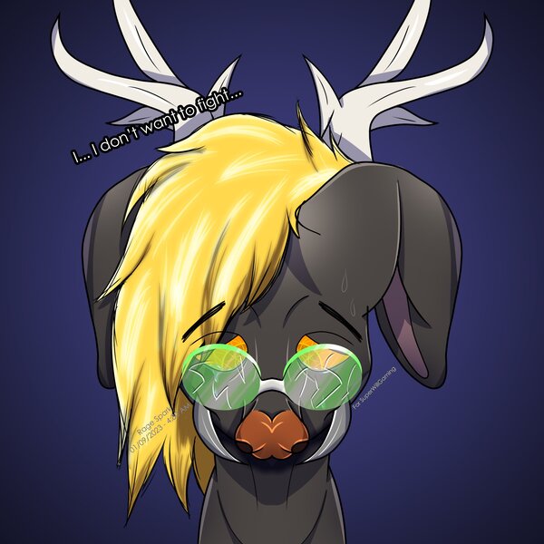 Size: 2160x2160 | Tagged: safe, artist:ragedox, derpibooru import, oc, changeling, deer, hybrid, broken, broken glasses, bust, commission, crying, glasses, horn, horns, image, jpeg, mugshot, portrait, scared, solo