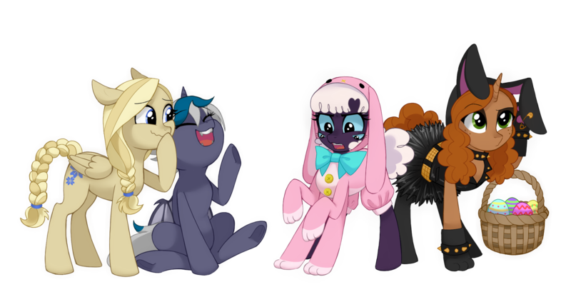 Size: 1850x979 | Tagged: safe, artist:toxiccolour, derpibooru import, oc, oc:cornflower meadow, oc:elizabat stormfeather, oc:kerttu, oc:lilith, ponified, unofficial characters only, alicorn, bat pony, bat pony alicorn, monster pony, original species, pegasus, pony, rabbit, spider, spiderpony, unicorn, alicorn oc, animal, animal costume, basket, bat pony oc, bat wings, belt, bowtie, bracelet, bunny costume, bunny ears, choker, clothes, confused, costume, ear piercing, easter, easter basket, easter bunny, easter egg, egg, eyes closed, eyeshadow, fangs, female, freckles, gloves, goth, holiday, hood, horn, image, jacket, laughing, leather, leather jacket, makeup, mare, multiple eyes, multiple limbs, piercing, png, ponified oc, raised hoof, simple background, sitting, skirt, socks, spiked choker, spiked wristband, stifling laughter, stockings, thigh highs, transparent background, wings, wristband