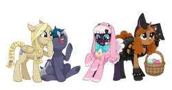 Size: 1850x979 | Tagged: safe, artist:toxiccolour, derpibooru import, oc, oc:cornflower meadow, oc:elizabat stormfeather, oc:kerttu, oc:lilith, ponified, unofficial characters only, alicorn, bat pony, bat pony alicorn, monster pony, original species, pegasus, pony, rabbit, spider, spiderpony, unicorn, alicorn oc, animal, animal costume, basket, bat pony oc, bat wings, belt, bowtie, bracelet, bunny costume, bunny ears, choker, clothes, confused, costume, ear piercing, easter, easter basket, easter bunny, easter egg, egg, eyes closed, eyeshadow, fangs, female, freckles, gloves, goth, holiday, hood, horn, image, jacket, laughing, leather, leather jacket, makeup, mare, multiple eyes, multiple limbs, piercing, png, ponified oc, raised hoof, simple background, sitting, skirt, socks, spiked choker, spiked wristband, stifling laughter, stockings, thigh highs, transparent background, wings, wristband