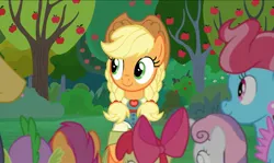 Size: 2037x1214 | Tagged: safe, derpibooru import, screencap, apple bloom, applejack, cup cake, scootaloo, spike, sweetie belle, dragon, earth pony, pegasus, pony, unicorn, the big mac question, alternate hairstyle, apple, apple tree, braid, clothes, dress, food, formal wear, happy, image, jpeg, orchard, rear view, smiling, sweet apple acres, tree