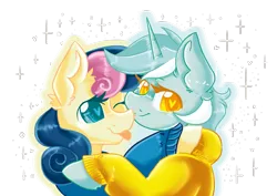 Size: 2480x1754 | Tagged: safe, artist:dankpegasista, derpibooru import, bon bon, lyra heartstrings, sweetie drops, earth pony, pony, unicorn, :p, amused, best friends, blue eyes, bon bon is amused, clothes, cuddling, curly hair, cute, derpibooru exclusive, duo, duo female, ear fluff, eyelashes, female, heart, heart eyes, highlights, hoodie, hug, image, lesbian, looking at you, lyra is amused, lyrabetes, outline, png, shading, shiny mane, signature, simple background, smiling, smiling at you, sparkles, tongue out, transparent background, two toned mane, wingding eyes, yellow eyes, yellow fur
