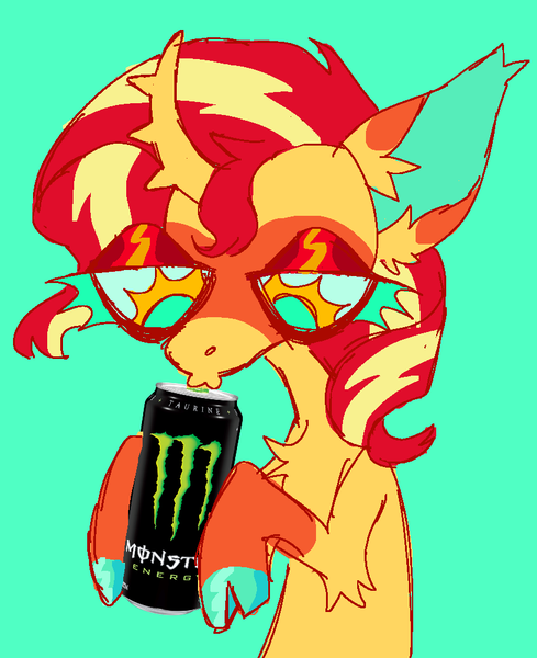 Size: 815x1000 | Tagged: safe, artist:webkinzworldz, derpibooru import, sunset shimmer, pony, alternate design, blue background, cloven hooves, curved horn, cyan background, horn, image, monster energy, png, simple background, solo, twitterina design