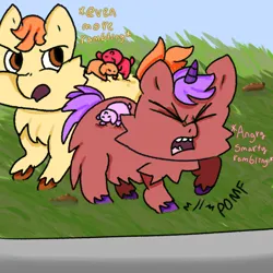 Size: 1280x1280 | Tagged: safe, derpibooru import, fluffy pony, pony, unicorn, angry, demanding, female, fluffy pony foals, grass, image, male, mare, png, poop, stallion, stomping