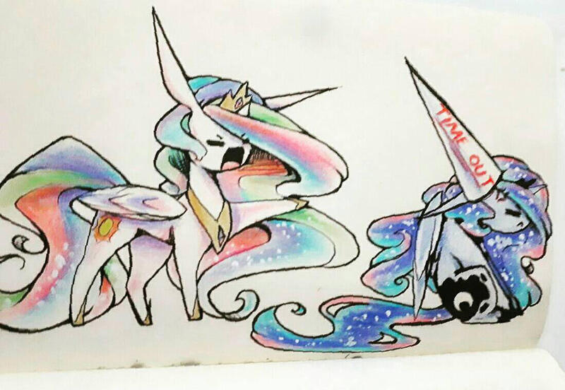 Size: 1099x758 | Tagged: safe, artist:prettyshinegp, derpibooru import, princess celestia, princess luna, alicorn, pony, angry, dunce hat, duo, female, hat, hoof shoes, image, jpeg, mare, peytral, raised hoof, traditional art