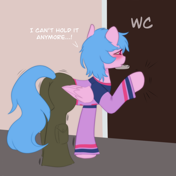 Size: 2048x2048 | Tagged: questionable, artist:vaiola, derpibooru import, oc, unofficial characters only, alicorn, pony, advertisement, alicorn oc, bathroom, blushing, cargo pants, clothes, commission, desperation, diaper, door, embarrassed, eyebrows, female, fetish, floor, full body, hockey jersey, horn, image, knocking, mare, need to pee, pants, png, potty emergency, potty time, room, shaking, simple background, solo, speech, speech bubble, standing, sweater, tail, tail hole, talking, text, toilet, wings