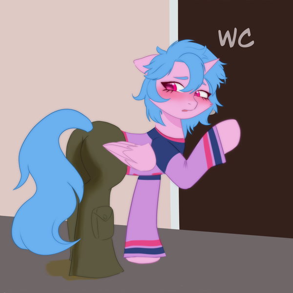 Size: 2048x2048 | Tagged: questionable, alternate version, artist:vaiola, derpibooru import, oc, unofficial characters only, alicorn, pony, accident, advertisement, alicorn oc, bathroom, blushing, cargo pants, clothes, commission, desperation, diaper, door, embarrassed, eyebrows, female, fetish, floor, full body, hockey jersey, horn, image, knocking, mare, need to pee, pants, pissing, png, potty emergency, potty time, room, shaking, simple background, solo, standing, sweater, tail, tail hole, toilet, turned head, urine, wetting, wings