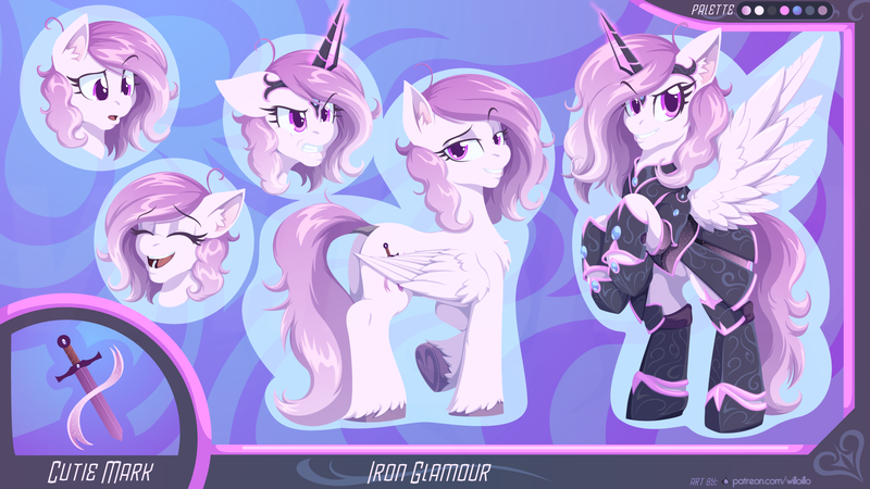 Size: 1920x1080 | Tagged: safe, artist:willoillo, derpibooru import, oc, oc:iron glamour, unofficial characters only, pegasus, pony, armor, commission, emotes, eyebrows, eyebrows visible through hair, female, folded wings, frown, grin, image, looking at you, magical girl, mare, multeity, pegasus oc, png, raised hoof, reference page, signature, smiling, smiling at you, solo, spread wings, teeth, wings