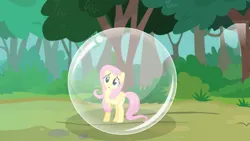 Size: 1191x671 | Tagged: safe, artist:rebelsuperstar, derpibooru import, fluttershy, pegasus, bubble, cute, female, forest, g4, image, in bubble, jpeg, tree