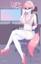 Size: 1816x2828 | Tagged: suggestive, artist:xjenn9, derpibooru import, nurse redheart, anthro, clothes, commission, dialogue, high heels, image, nurse, png, shoes, ych example, your character here
