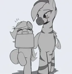 Size: 1169x1200 | Tagged: safe, artist:storyteller, derpibooru import, oc, oc:iin, oc:rowdy spout, unofficial characters only, pegasus, pony, zebra, duo, duo female, eyes closed, female, grayscale, height difference, image, jpeg, mare, monochrome, mouth hold, simple background, suitcase, zebra oc