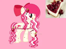 Size: 1024x765 | Tagged: safe, artist:sugarisweetlolita, derpibooru import, oc, earth pony, pony, base used, bow, cherry, deviantart watermark, earth pony oc, female, food, freckles, gradient mane, hair bow, hairpin, image, mare, mottled coat, obtrusive watermark, photo, pink background, pink mane, png, simple background, tongue out, two toned coat, watermark, yellow coat