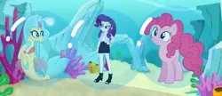 Size: 1228x529 | Tagged: safe, derpibooru import, pinkie pie, princess skystar, rarity, earth pony, human, sea pony, seapony (g4), equestria girls, my little pony: the movie, bubble, female, image, in bubble, png, seaquestria, underwater, water