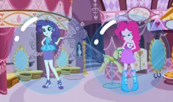 Size: 1228x720 | Tagged: safe, derpibooru import, pinkie pie, rarity, human, equestria girls, bubble, carousel boutique, female, image, in bubble, png, trapped