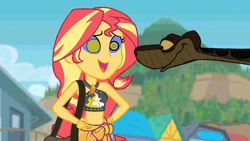 Size: 1920x1080 | Tagged: safe, artist:ocean lover, derpibooru import, edit, edited screencap, screencap, sunset shimmer, python, snake, equestria girls, equestria girls series, forgotten friendship, animated, bag, bare shoulders, beach, belly button, bikini, bikini top, clothes, crossed arms, disney, edited gif, geode of empathy, gif, hand on hip, hill, hypno eyes, hypnosis, hypnotized, image, kaa, kaa eyes, lidded eyes, looking at each other, looking at someone, magical geodes, midriff, mind control, open mouth, outdoors, sarong, sky, swimsuit, the jungle book, tree, youtube link