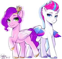 Size: 2310x2205 | Tagged: safe, artist:xiaowu07, derpibooru import, pipp, pipp petals, zipp storm, pegasus, pony, cute, female, g5, image, looking at each other, looking at someone, pipp is short, png, royal sisters (g5), siblings, simple background, sisters