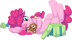 Size: 8474x4775 | Tagged: safe, artist:cyanlightning, derpibooru import, pinkie pie, pony, .svg available, absurd resolution, female, filly, foal, holding, hug, image, lying down, one eye closed, plushie, png, simple background, solo, teddy bear, transparent background, vector, wink, younger