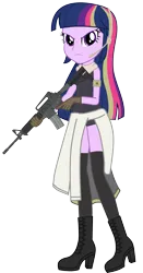 Size: 2144x4096 | Tagged: safe, artist:starryshineviolet, derpibooru import, edit, vector edit, twilight sparkle, human, equestria girls, action, assault rifle, boots, clothes, costume, girls frontline, gun, image, jacket, link in description, long skirt, m4a1, parody, png, rifle, shoes, simple background, skirt, soldier, solo, t-doll, tactical, tanktop, transparent background, trigger discipline, united states, vector, vector used, weapon