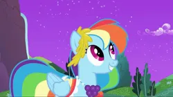 Size: 2160x1213 | Tagged: safe, derpibooru import, screencap, rainbow dash, pegasus, pony, the best night ever, alternate hairstyle, at the gala, beautiful, bush, clothes, dress, gala dress, gown, happy, image, jpeg, mountain, night, singing, smiling, solo, stars, tree, water, waterfall