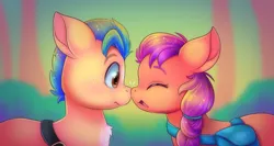 Size: 640x340 | Tagged: safe, artist:malarkey, derpibooru import, hitch trailblazer, sunny starscout, earth pony, pony, boop, braid, duo, duo male and female, female, forest, g5, image, jpeg, male, mare, noseboop, shipping, smiling, stallion, straight, sunnyhitch, tree