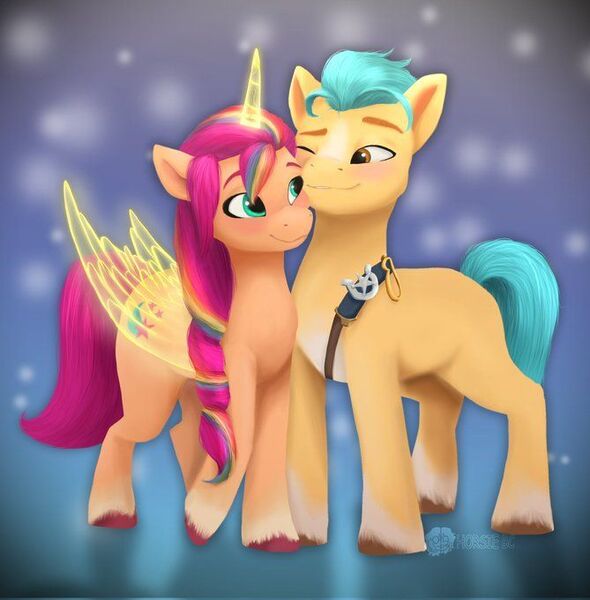 Size: 669x680 | Tagged: safe, artist:horsdooz, derpibooru import, hitch trailblazer, sunny starscout, alicorn, earth pony, pony, my little pony: a new generation, alicornified, blushing, g5, image, jpeg, multicolored hair, race swap, rainbow hair, sheriff's badge, snuggling