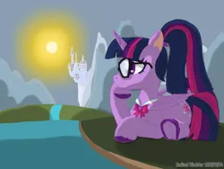 Size: 2048x1536 | Tagged: safe, artist:radiant windstar, derpibooru import, twilight sparkle, twilight sparkle (alicorn), alicorn, glasses, image, png, river, sunrise, sunset, water