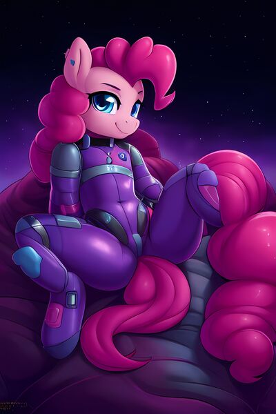 Size: 2048x3072 | Tagged: suggestive, derpibooru import, editor:xyd0, machine learning generated, stable diffusion, pinkie pie, pony, astronaut, butt, clothes, image, jpeg, looking at you, plot, space, spacesuit, spread legs, spreading