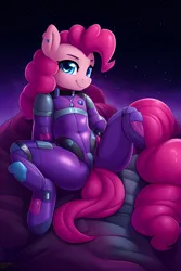 Size: 2048x3072 | Tagged: suggestive, derpibooru import, editor:xyd0, machine learning generated, stable diffusion, pinkie pie, pony, astronaut, butt, clothes, image, jpeg, looking at you, plot, space, spacesuit, spread legs, spreading