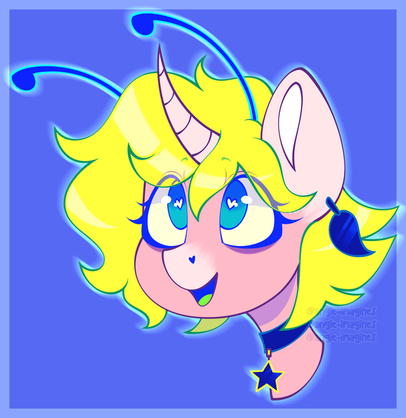 Size: 3445x3545 | Tagged: safe, artist:angie imagines, derpibooru import, oc, oc:angie imagines, unofficial characters only, alicorn, pony, unicorn, bags under eyes, blue background, choker, curved horn, ear piercing, earring, fluffy hair, green hair, green tongue, heart, heart eyes, horn, image, jewelry, jpeg, markings, neon, nonbinary, piercing, simple background, solo, stars, teal eyes, wingding eyes