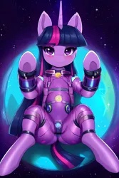 Size: 2048x3072 | Tagged: suggestive, derpibooru import, editor:xyd0, machine learning generated, stable diffusion, twilight sparkle, pony, unicorn, astronaut, butt, clothes, image, jpeg, looking at you, plot, space, spacesuit, spread legs, spreading, wingless, zero gravity