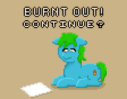 Size: 448x352 | Tagged: safe, artist:valuable ashes, derpibooru import, oc, oc:valuable ashes, earth pony, pony, animated, gif, image, lying down, paper, pixel art, prone, simple background, solo, tired