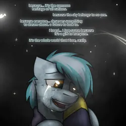 Size: 800x800 | Tagged: safe, artist:captainhoers, derpibooru import, spitfire, oc, oc:concorde, pegasus, pony, the sunjackers, bust, crying, dialogue, female, floppy ears, image, lidded eyes, looking down, mare, mother and child, offscreen character, offspring, parent:soarin', parent:spitfire, parents:soarinfire, png, solo focus, stars