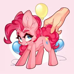Size: 1913x1909 | Tagged: safe, artist:cypmr, derpibooru import, pinkie pie, earth pony, human, pony, balloon, big ears, catchlights, circle background, curly mane, cute, hand, image, jpeg, pink background, simple background, smiling