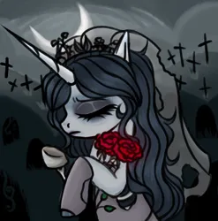 Size: 1674x1695 | Tagged: safe, artist:justsadluna, derpibooru import, ponified, pony, unicorn, bust, corpse bride, crescent moon, eyelashes, eyes closed, female, flower, image, makeup, mare, moon, png, rose, solo, wedding veil