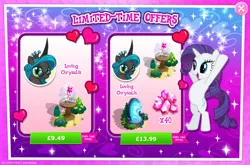 Size: 1958x1295 | Tagged: safe, derpibooru import, official, queen chrysalis, rarity, changeling, changeling queen, pony, unicorn, advertisement, bush, costs real money, crown, english, female, flower, gameloft, gem, glasses, horn, image, jewelry, jpeg, mare, mirror universe, mobile game, my little pony: magic princess, numbers, regalia, reversalis, sale, text