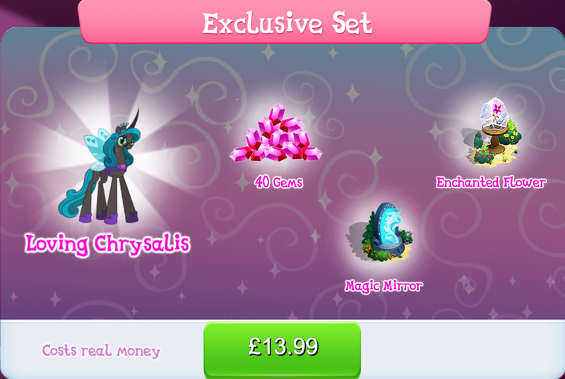 Size: 1270x852 | Tagged: safe, derpibooru import, official, queen chrysalis, changeling, changeling queen, bundle, bush, costs real money, crown, english, female, flower, gameloft, gem, glasses, horn, image, jewelry, jpeg, mirror universe, mobile game, my little pony: magic princess, numbers, regalia, reversalis, sale, solo, solo focus, spread wings, text, wings