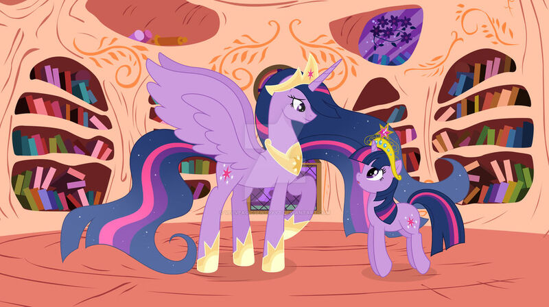 Size: 1024x573 | Tagged: safe, artist:velveagicsentryyt, derpibooru import, princess twilight 2.0, twilight sparkle, twilight sparkle (alicorn), alicorn, pony, the last problem, base used, big crown thingy, deviantart watermark, element of magic, golden oaks library, image, jewelry, jpeg, library, obtrusive watermark, older, older twilight, regalia, self paradox, self ponidox, watermark