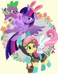 Size: 768x979 | Tagged: safe, artist:efuji_d, derpibooru import, angel bunny, fluttershy, spike, twilight sparkle, twilight sparkle (alicorn), alicorn, dragon, pegasus, pony, rabbit, angel riding fluttershy, animal, basket, bunny ears, clothes, costume, dangerous mission outfit, easter, easter basket, easter egg, female, flying, goggles, holiday, hoodie, horn, image, jpeg, male, mare, one eye closed, signature, smiling, spread wings, winged spike, wings