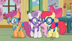 Size: 1920x1080 | Tagged: safe, derpibooru import, screencap, apple bloom, scootaloo, sweetie belle, earth pony, pegasus, pony, unicorn, just for sidekicks, apple bloom's bow, blank flank, bow, clubhouse, cute, cutie mark crusaders, female, filly, foal, hair bow, image, open mouth, open smile, png, raised hoof, smiling, trio