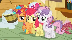 Size: 1920x1080 | Tagged: safe, derpibooru import, screencap, apple bloom, scootaloo, sweetie belle, earth pony, pegasus, pony, unicorn, just for sidekicks, apple bloom's bow, blank flank, bow, clubhouse, cute, cutie mark crusaders, female, filly, foal, hair bow, helmet, image, png, raised hoof, trio